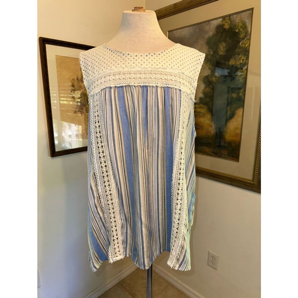 Perch by Blu Pepper Blue Striped Crochet-Trim Sleeveless Top Size 3X